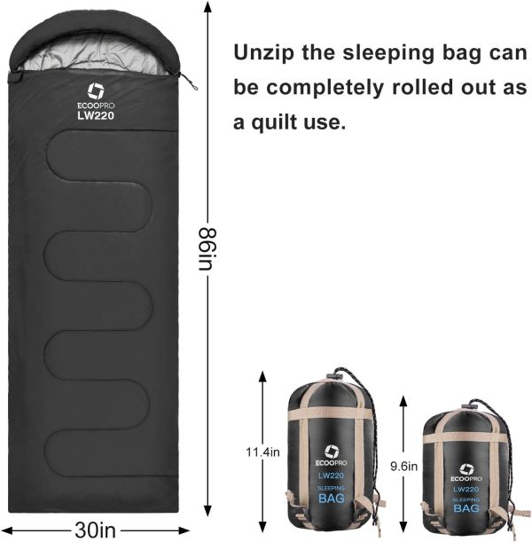 ECOOPRO Warm Weather Sleeping Bag - Portable, Waterproof, Compact Lightweight, Comfort with Compression Sack - Great for Outdoor Camping, Backpacking & Hiking-83 L x 30" W Fits Adults - Image 2