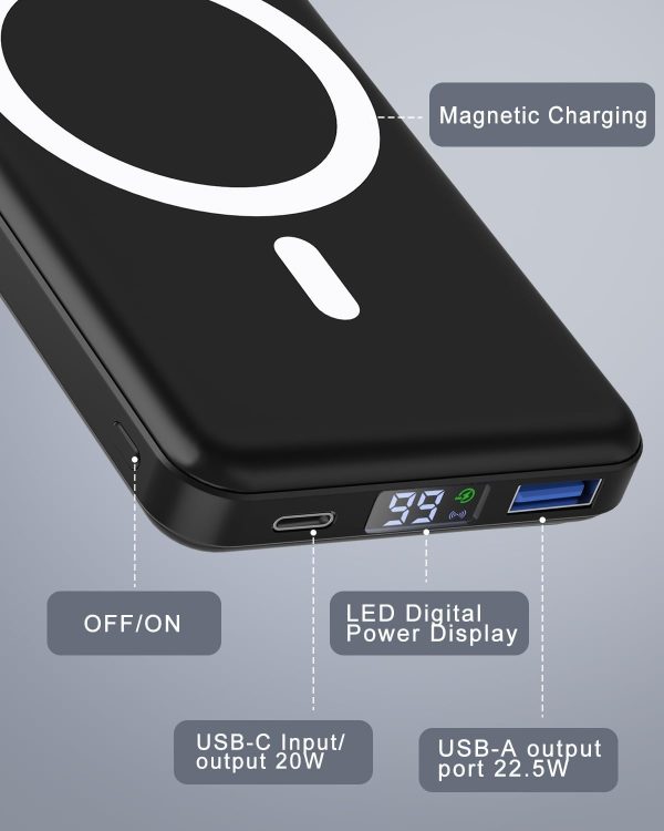 podoru for Magsafe Battery Pack, 10000mAh Magnetic Power Bank with Type-C Cable LED Display 22.5W PD Fast Charging Wireless Portable Charger for iPhone 16/15/14/13/12 Series-Black - Image 4