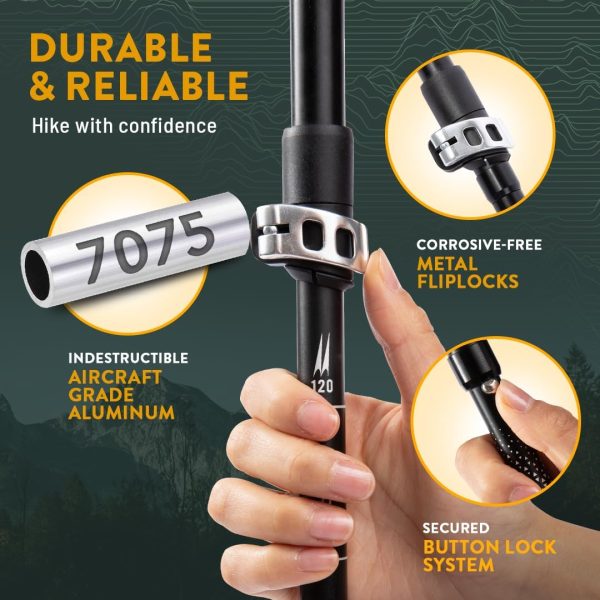 Premium Foldable Hiking Poles by USA Brand - Adjustable, Lightweight Trekking Poles Made of Aircraft Aluminum, Metal Flip Locks & Comfortable Real Cork and EVA Foam Grips - Image 3